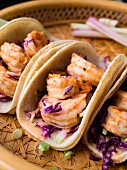 Pan Asian shrimp tacos with red cabbage and green apple slaw