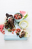 Lamb kebabs with watermelon salsa and dill and yoghurt dip
