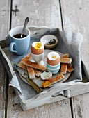 Soft-boiled dippy eggs with soldiers for breakfast