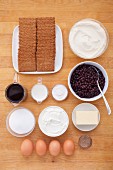 Ingredients for blueberry cheesecake with a biscuit base