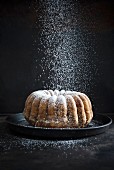 Vegan chocolate and vanilla ring-shaped 'Gugelhupf' cake being dusted in icing sugar