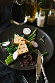 Asparagus with grilled cheese, rice and radishes