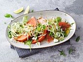 Vegetarian cucumber noodle salad with watermelon and feta