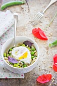 Salad with pea beans and poached eggs