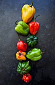 Various types of chili peppers lined up in a row on a black slate countertop