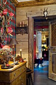 Candlelit, festive ambiance in rustic chalet