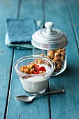 Crunchy lupine muesli with emmer flakes, strawberries and soya yoghurt