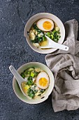 Two bowls with asian style soup with scrambled eggs, half of marinated egg, spring onion, spinach