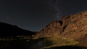 Star trails over canyon in Chile, time-exposure footage