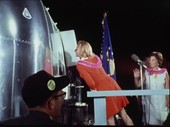 Quarantined Apollo 11 crew greet families, July 1969