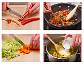 Vegetarischen Kichererbseneintopf mit Gemüse zubereiten