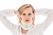 Woman wearing neck brace