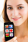 Woman using health application on her Iphone