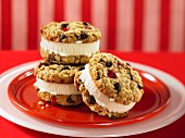 Ice cream sandwich with cereal, cranberry and chocolate chip cookies