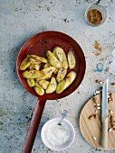 Sweet and spicy fried bananas with coconut dip