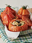 Beefsteak tomatoes stuffed with mozzarella, feta and olives