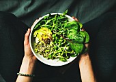 Green vegan breakfast meal in bowl with spinach, arugula, avocado, seeds and sprouts