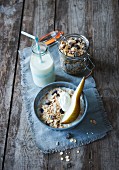 Basic muesli with raisins, milk and pear