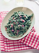 Traditional spinach Spätzle pasta with speck and cooking cream, Trentino, Italy, Europe