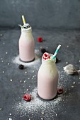 Studio shot of raspberry milkshake in bottles
