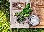 weiße Rüben, Zucchini und Küchenutensilien auf Tisch im Garten (Aufsicht)