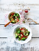 Quinoa with broccoli, mushrooms, chilli, and lemon and almond sauce