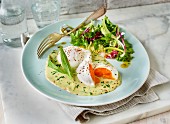 Poached eggs on bear's garlic sauce with a side salad