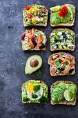 Various avocado toast toppings for breakfast