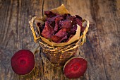 Basket of vegan beetroot chips with fleur de sel