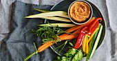 Rainbow vegetable sticks with red pepper hummus