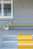 Grey staircase with yellow stripes, yellow boots and swan flower pot
