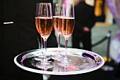 Four glasses of rosé champagne on a silver tray