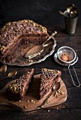 Homemade chocolate cake served on wooden board