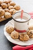 Homemade mini cookies with chocolate milk, selective focus
