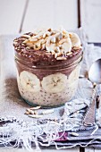 Coffee and chocolate chia pudding with bananas, almonds and sunflower seeds