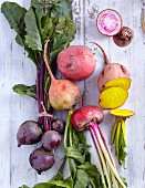 Colourful beets on a white wooden background