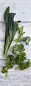 Palm cabbage and kale on a white wooden background