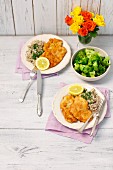 Fried turkey slices with barley and broccoli