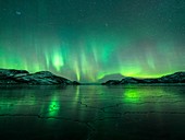 Aurora borealis over frozen fjord