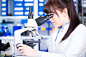 Female medical student using microscope