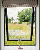 View onto green roof through open pivot-hung window