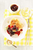 French toast with fried honey blackberries and rosemary