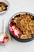 Forest berry crumble in a baking dish