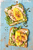 Toasted bread with smoked chicken, mango, rocket and honey