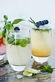 Cocktails with cucumber, basil, rosemary and blueberries