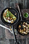 Broccoli and wild garlic pancakes with mushrooms in a frying pan