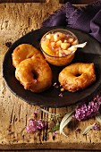 Fried apple rings with summer lilac and apple compote