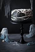 Halloween cake with black frosting and marshmallow spider's web