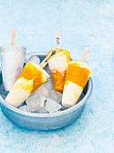 Mango-Joghurt-Popsicle auf Eiswürfeln in Metallschale