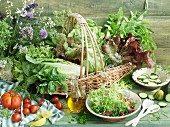 Different salad leaves in a basket, with tomatoes and olive oil